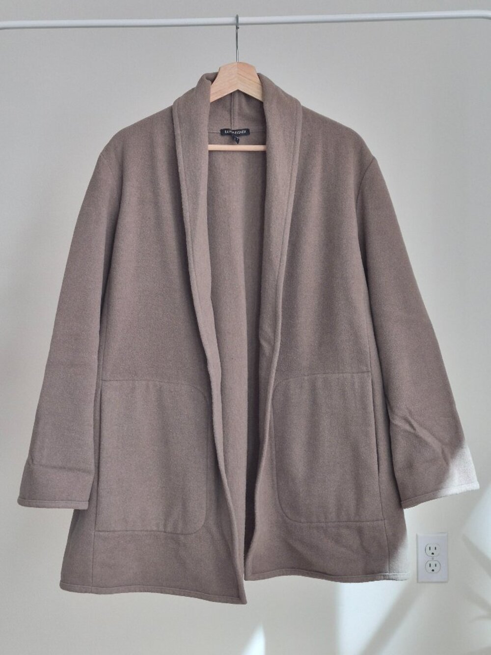 Eileen Fisher Womens S 100% Wool Open Front Jacket Taupe Shawl Collar Cardigan